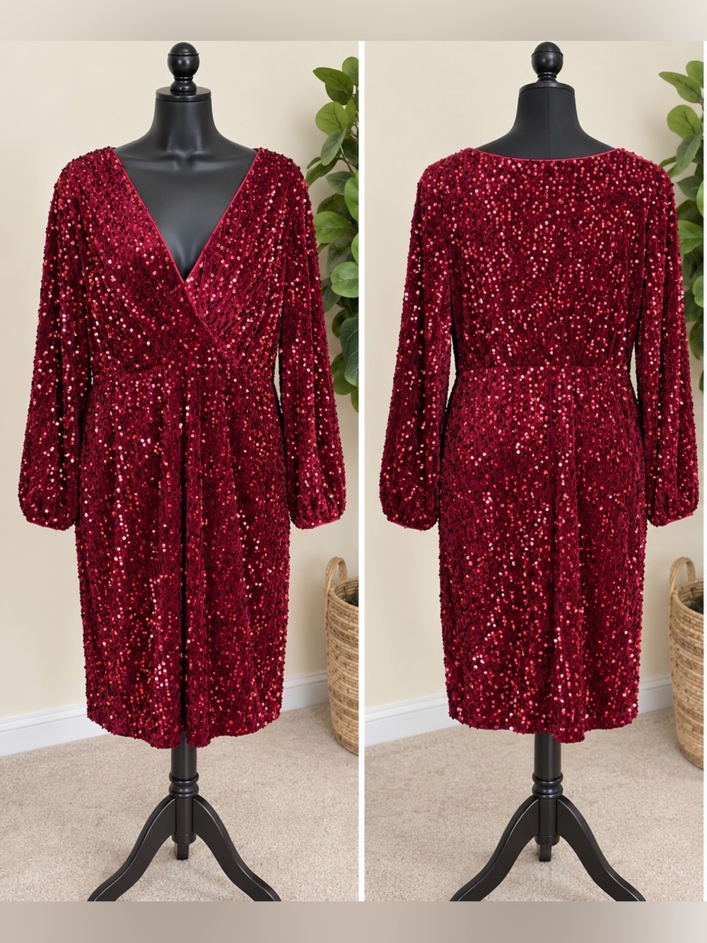 IN’VOLAND Burgundy Sequin Velvet Dress Women’s 18W Plus Size NWT Long Sleeve